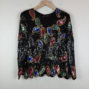 Jean for Joseph Le Bon Top Womens M Black Paisley 100% Silk Sequin Vintage Artsy